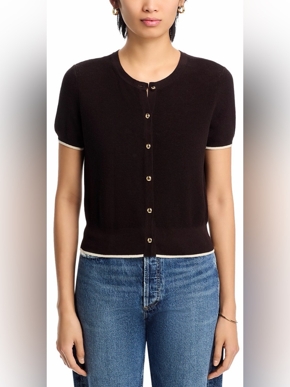 rag & bone Dina Tipped Short Sleeve Cardigan in Chocolate Brown - Picture 6 of 12